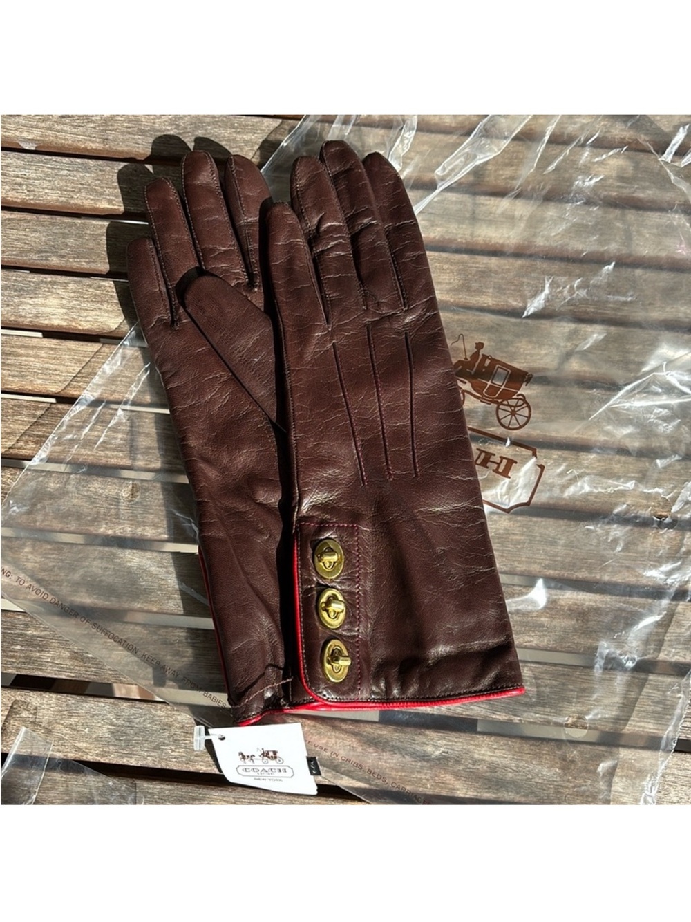 Authentic Coach Leather Gloves with Gold Buttons - Picture 3 of 6